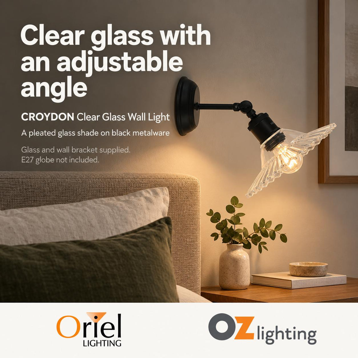 Oriel Lighting CROYDON Wall Light - Pleated Glass, Clear-Oriel Lighting-Ozlighting.com.au