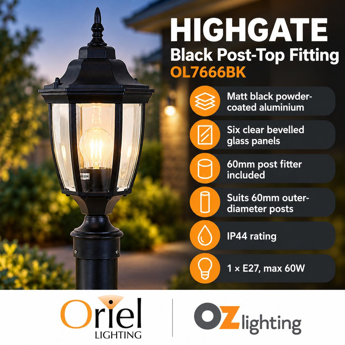Oriel Lighting HIGHGATE Outdoor Post Top Light - Black-Oriel Lighting-Ozlighting.com.au