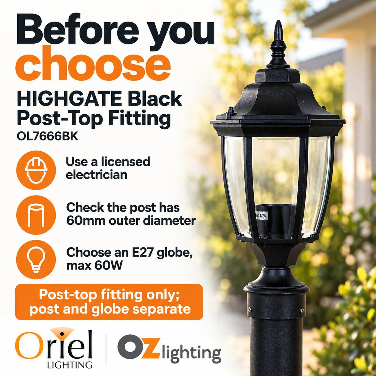 Oriel Lighting HIGHGATE Outdoor Post Top Light - Black-Oriel Lighting-Ozlighting.com.au