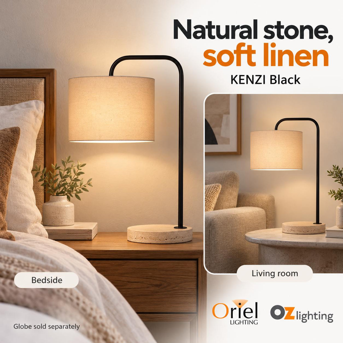 Oriel Lighting KENZI Table Lamp - Travertine, Black-Oriel Lighting-Ozlighting.com.au