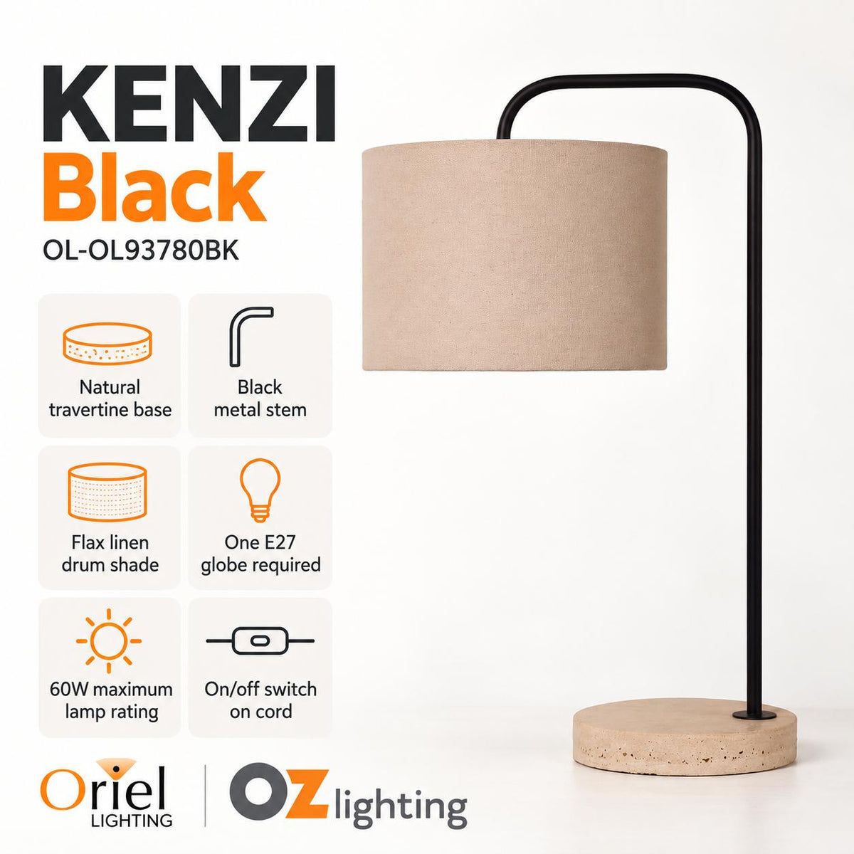 Oriel Lighting KENZI Table Lamp - Travertine, Black-Oriel Lighting-Ozlighting.com.au