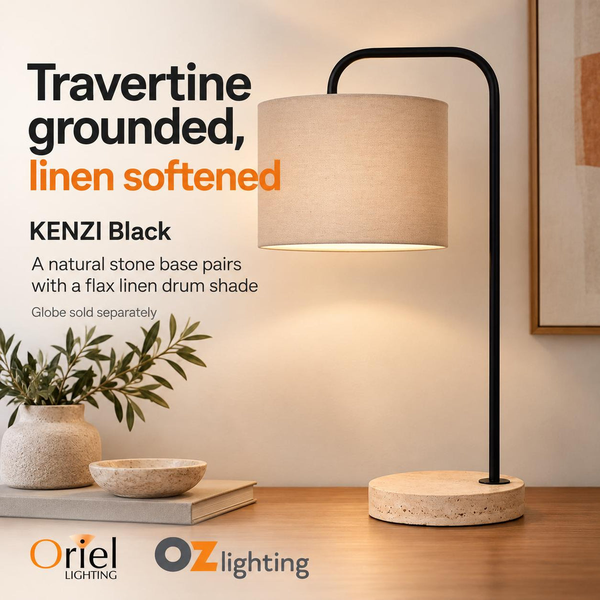 Oriel Lighting KENZI Table Lamp - Travertine, Black-Oriel Lighting-Ozlighting.com.au
