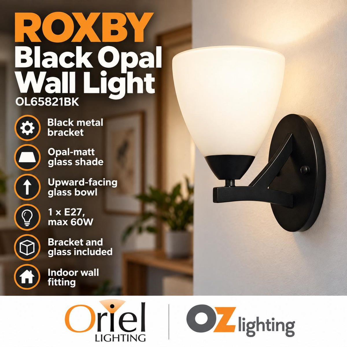 Oriel Lighting ROXBY Opal Wall Light - Glass, Black-Oriel Lighting-Ozlighting.com.au