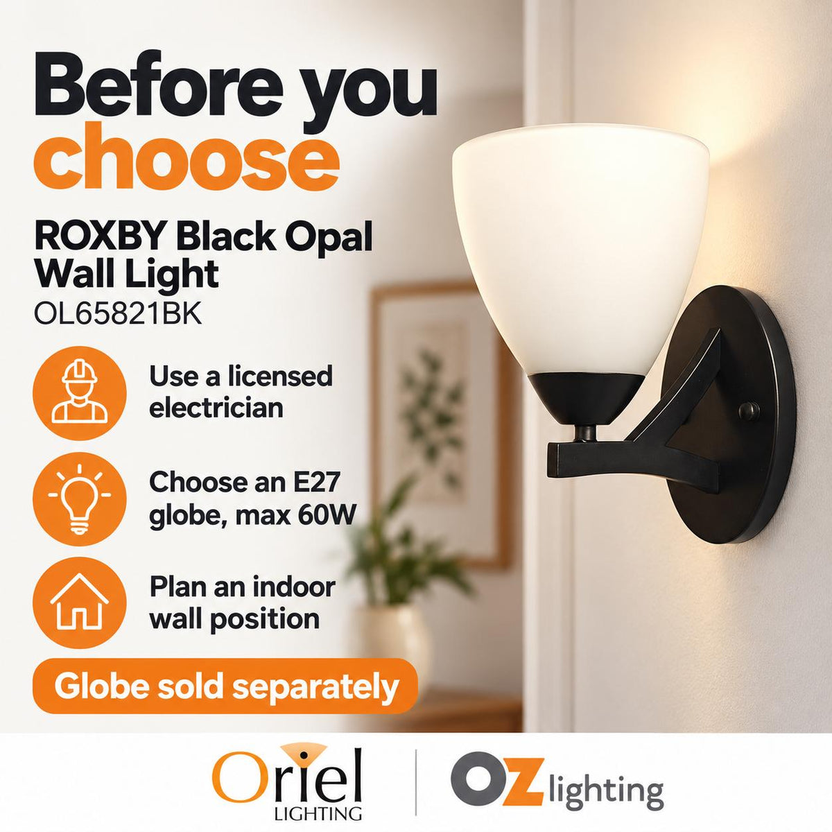 Oriel Lighting ROXBY Opal Wall Light - Glass, Black-Oriel Lighting-Ozlighting.com.au