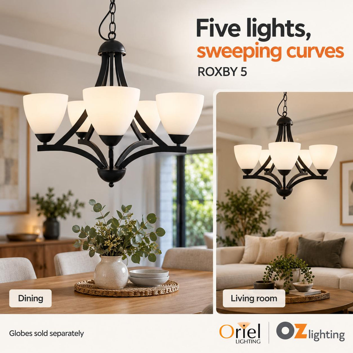 Oriel Lighting ROXBY Pendant - 5 Light, Black-Oriel Lighting-Ozlighting.com.au
