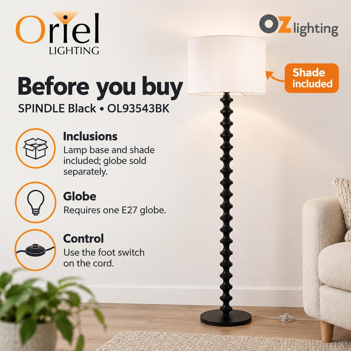 Oriel Lighting SPINDLE Floor Lamp - with Shade-Oriel Lighting-Ozlighting.com.au