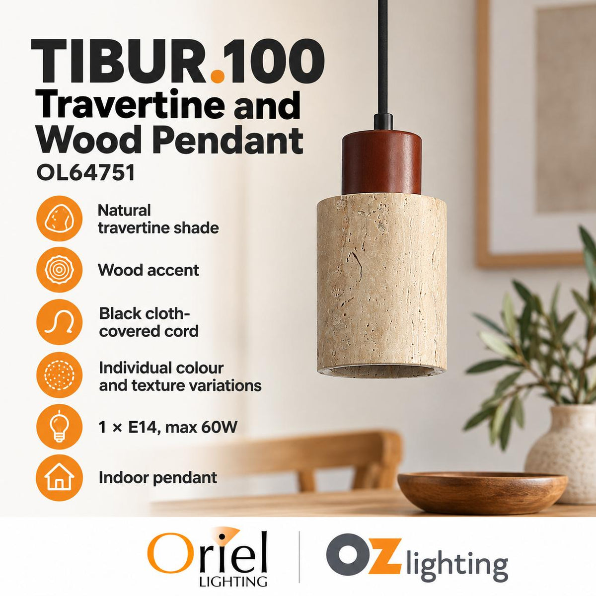 Oriel Lighting TIBUR.100 Pendant - Travertine and Wood-Oriel Lighting-Ozlighting.com.au