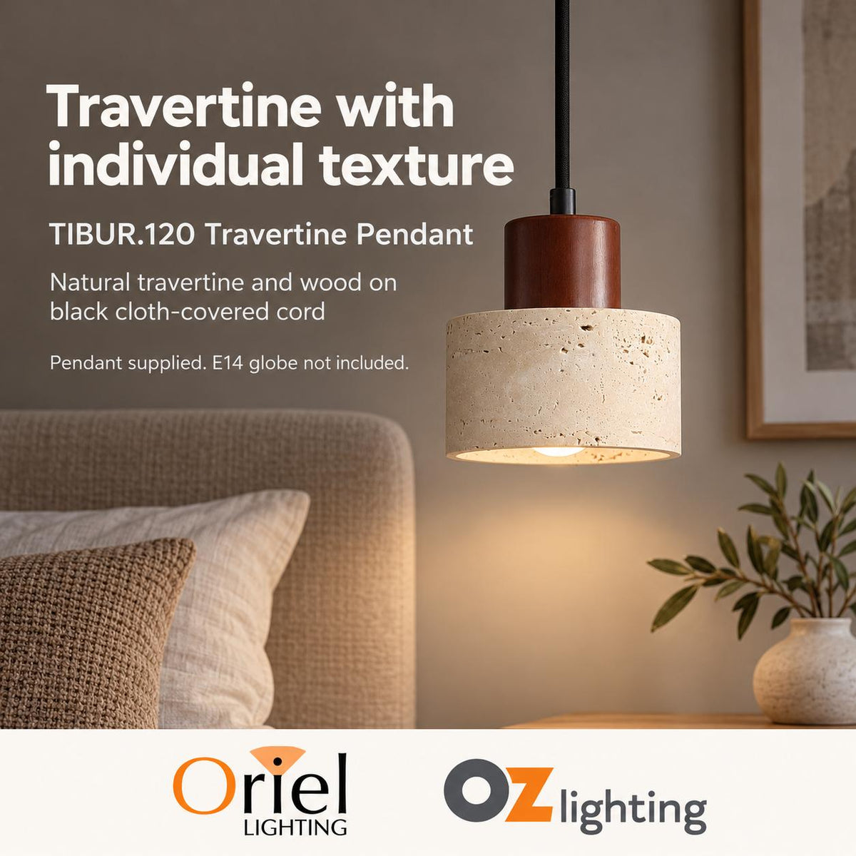 Oriel Lighting TIBUR.120 Pendant - Travertine and Wood-Oriel Lighting-Ozlighting.com.au