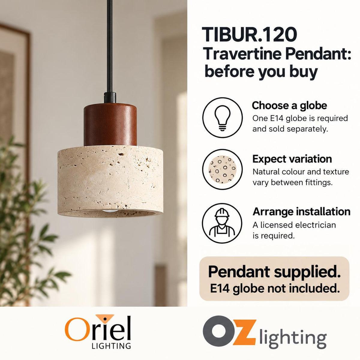 Oriel Lighting TIBUR.120 Pendant - Travertine and Wood-Oriel Lighting-Ozlighting.com.au