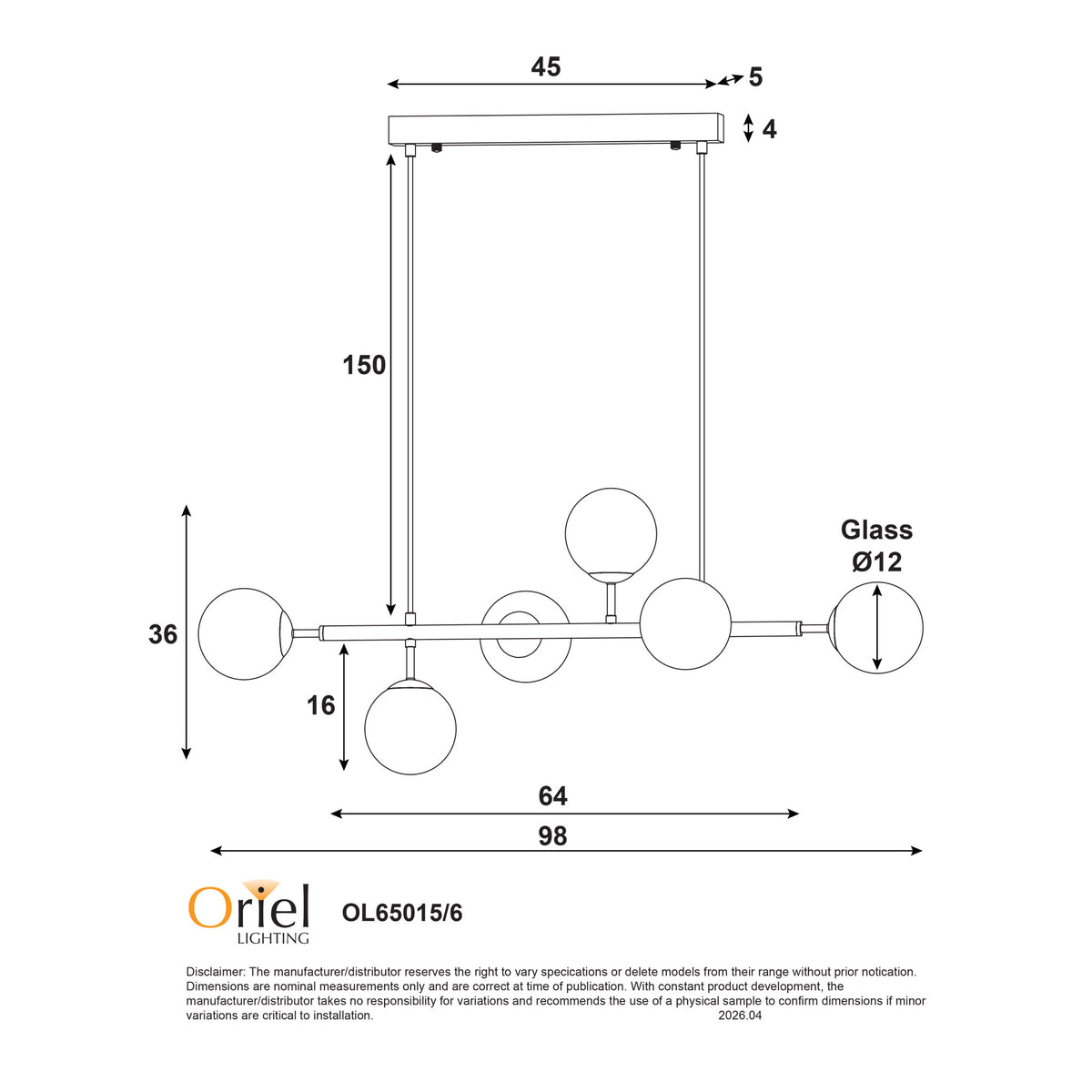Oriel Lighting VOLLI.6 Optic Pendant - Glass, Satin Brass-Oriel Lighting-Ozlighting.com.au