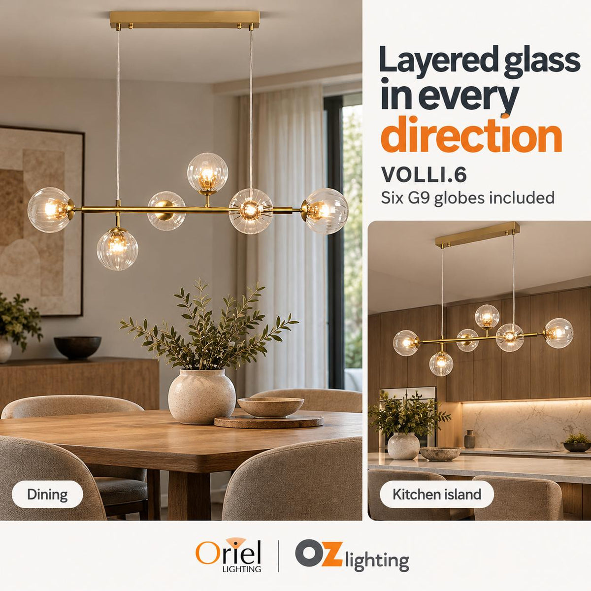 Oriel Lighting VOLLI.6 Optic Pendant - Glass, Satin Brass-Oriel Lighting-Ozlighting.com.au