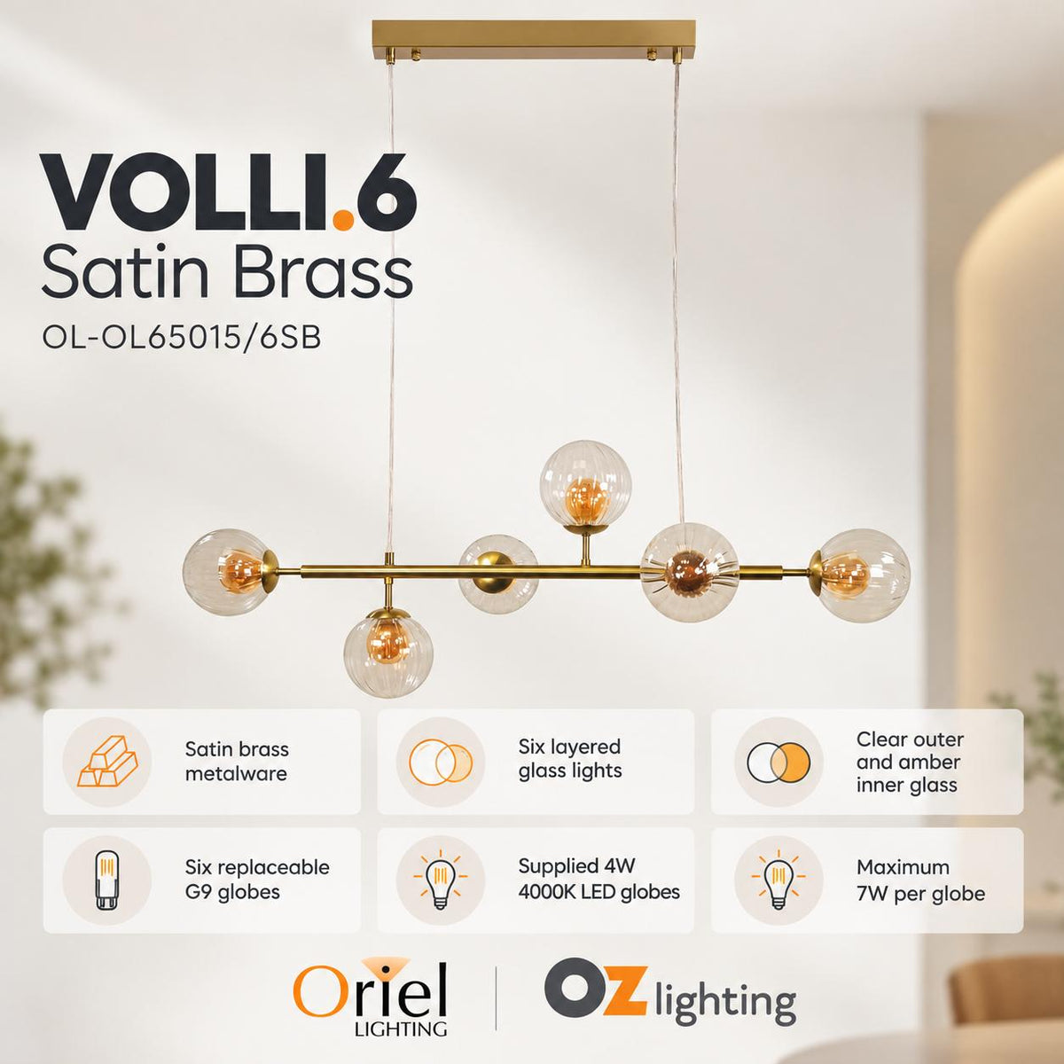 Oriel Lighting VOLLI.6 Optic Pendant - Glass, Satin Brass-Oriel Lighting-Ozlighting.com.au