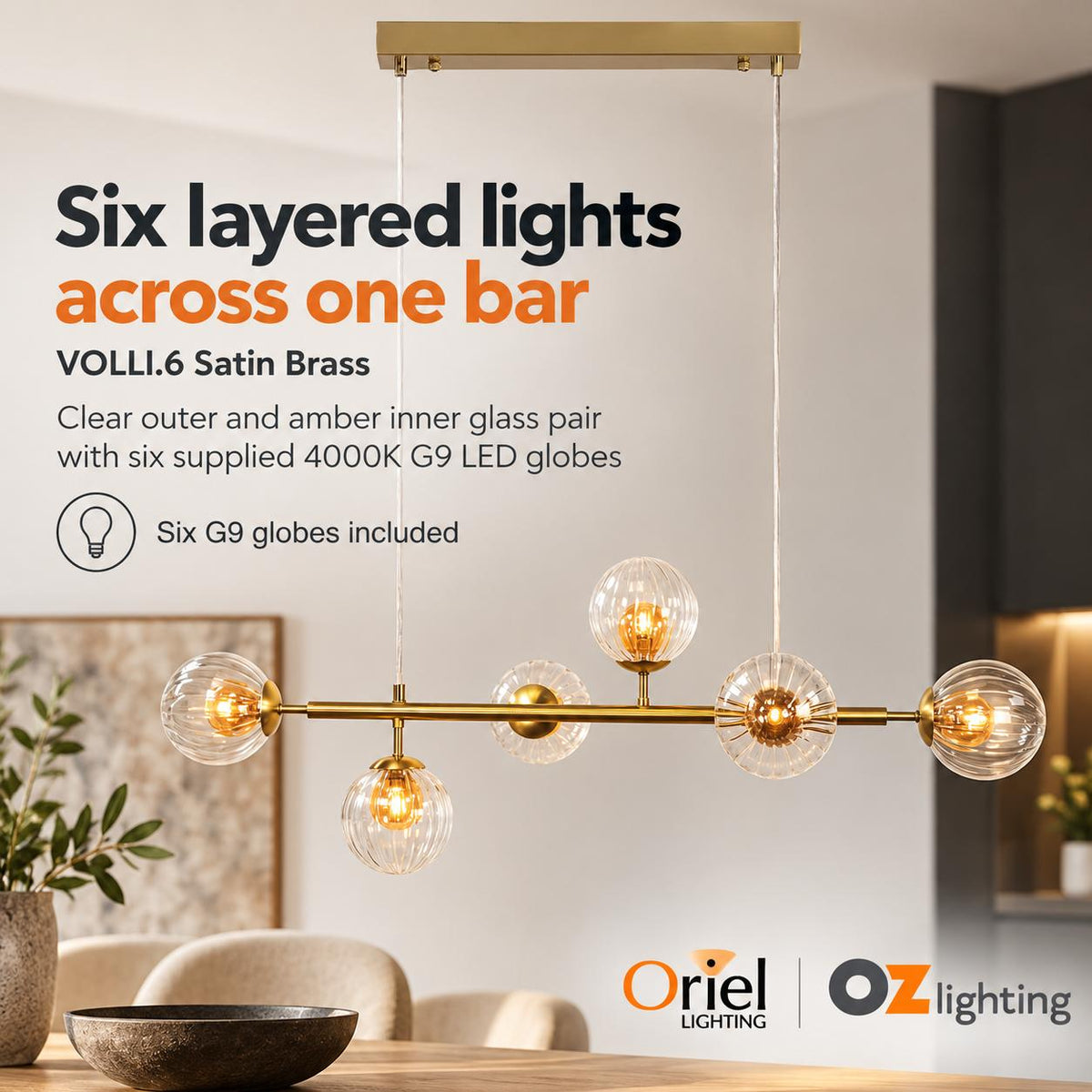 Oriel Lighting VOLLI.6 Optic Pendant - Glass, Satin Brass-Oriel Lighting-Ozlighting.com.au