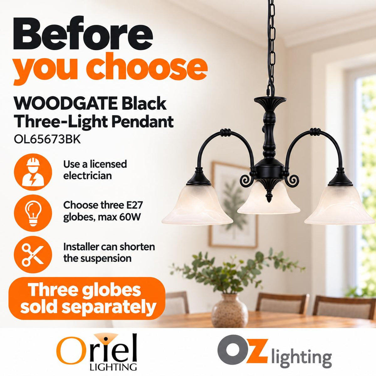 Oriel Lighting WOODGATE Pendant - 3 Light-Oriel Lighting-Ozlighting.com.au