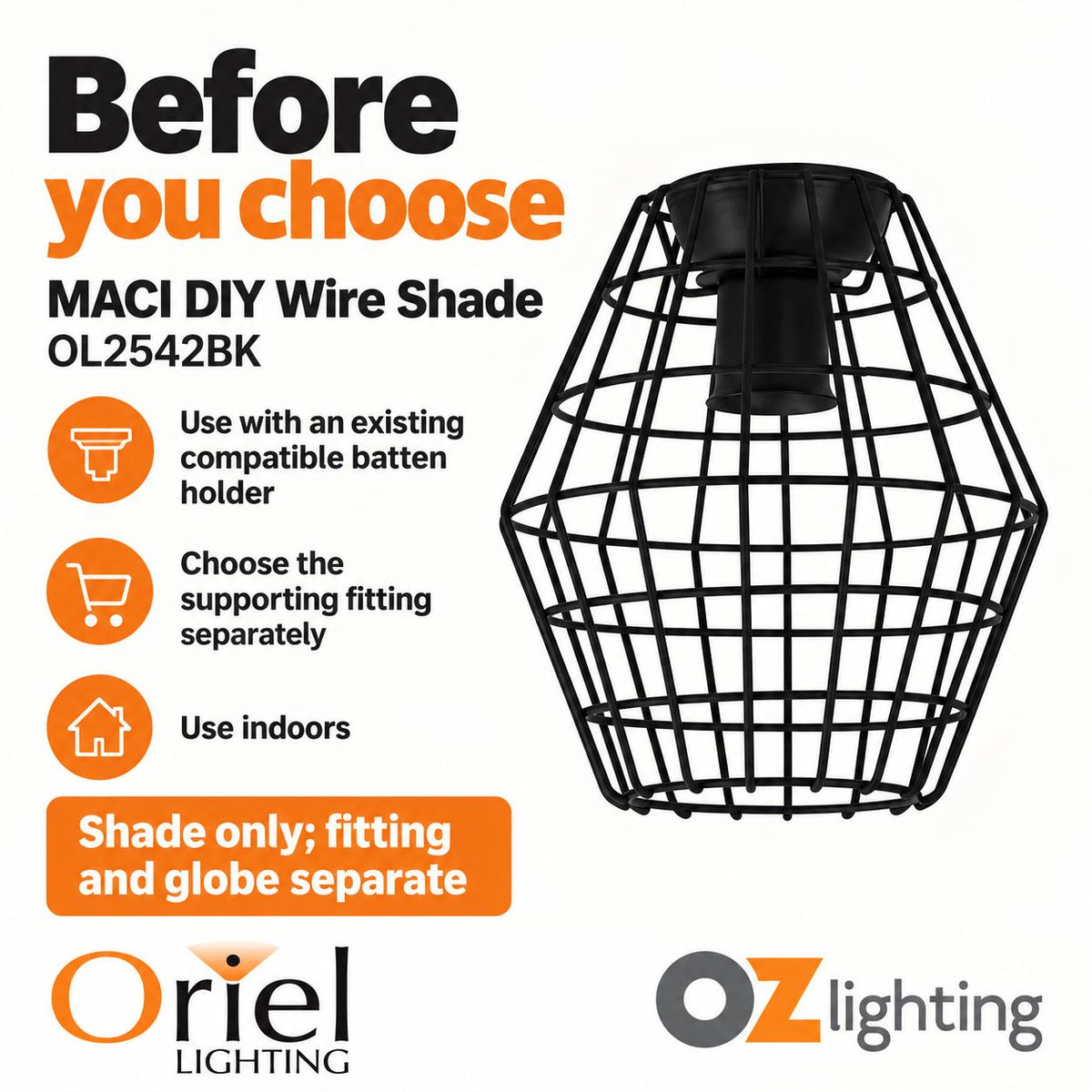Oriel MACI DIY Batten Fix - Holder Cover Wire Retro Industrial Ceiling Light Shade Only-Oriel Lighting-Ozlighting.com.au