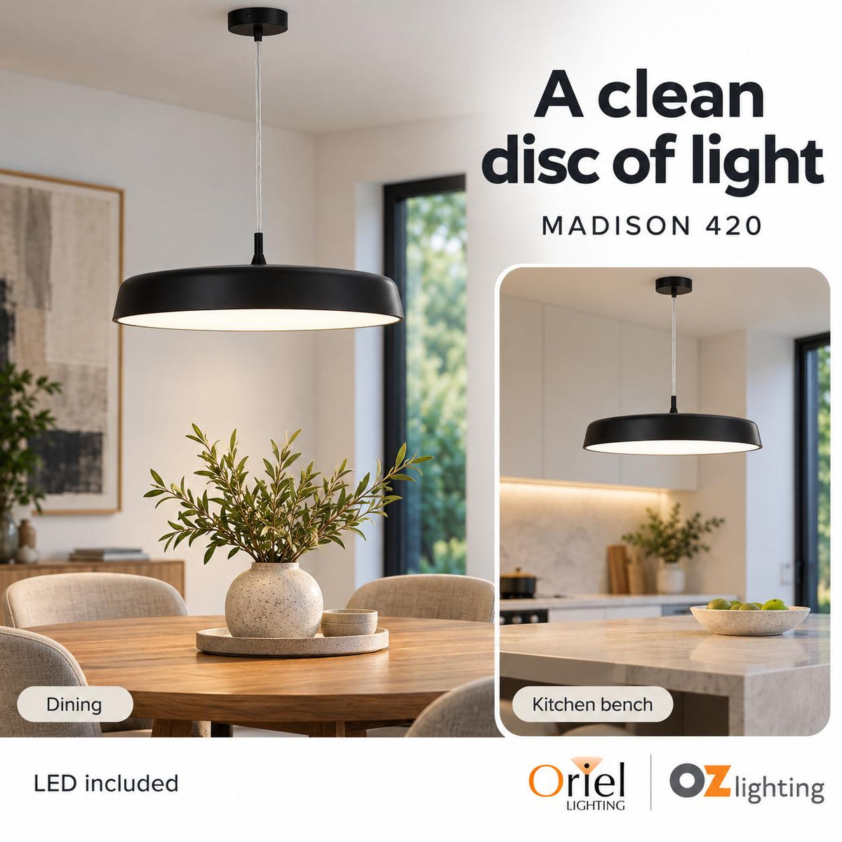 Oriel MADISON LED Pendant - 24W/36W, Tri-Colour Dimmable-Oriel Lighting-Ozlighting.com.au