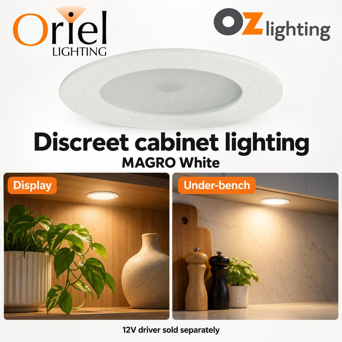 Oriel MAGRO Recessed LED Cabinet Light - 2W 12V, 3000K - DRIVER REQUIRED-Oriel Lighting-Ozlighting.com.au