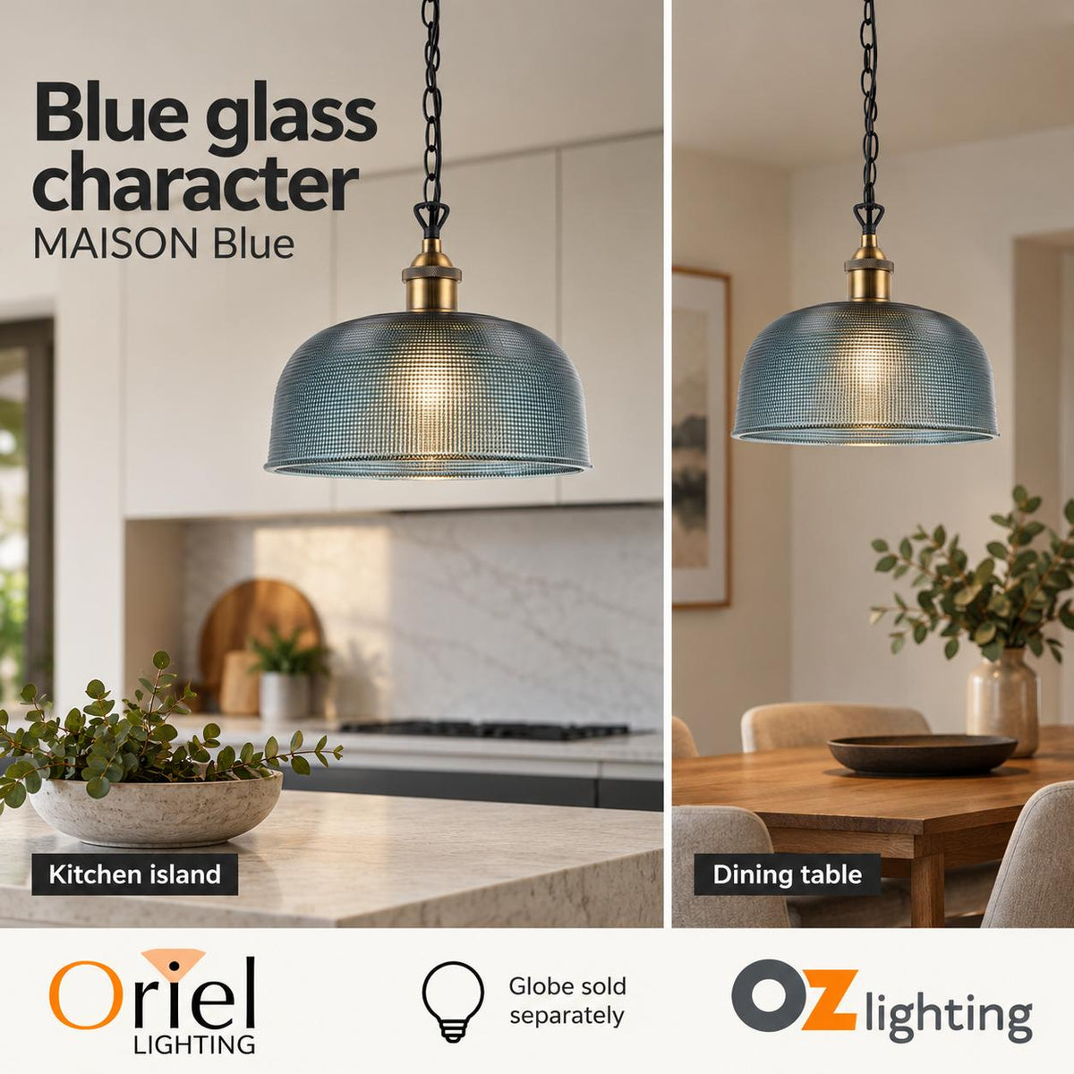 Oriel MAISON Pendant - 1 Light Retro Glass, Blue-Oriel Lighting-Ozlighting.com.au