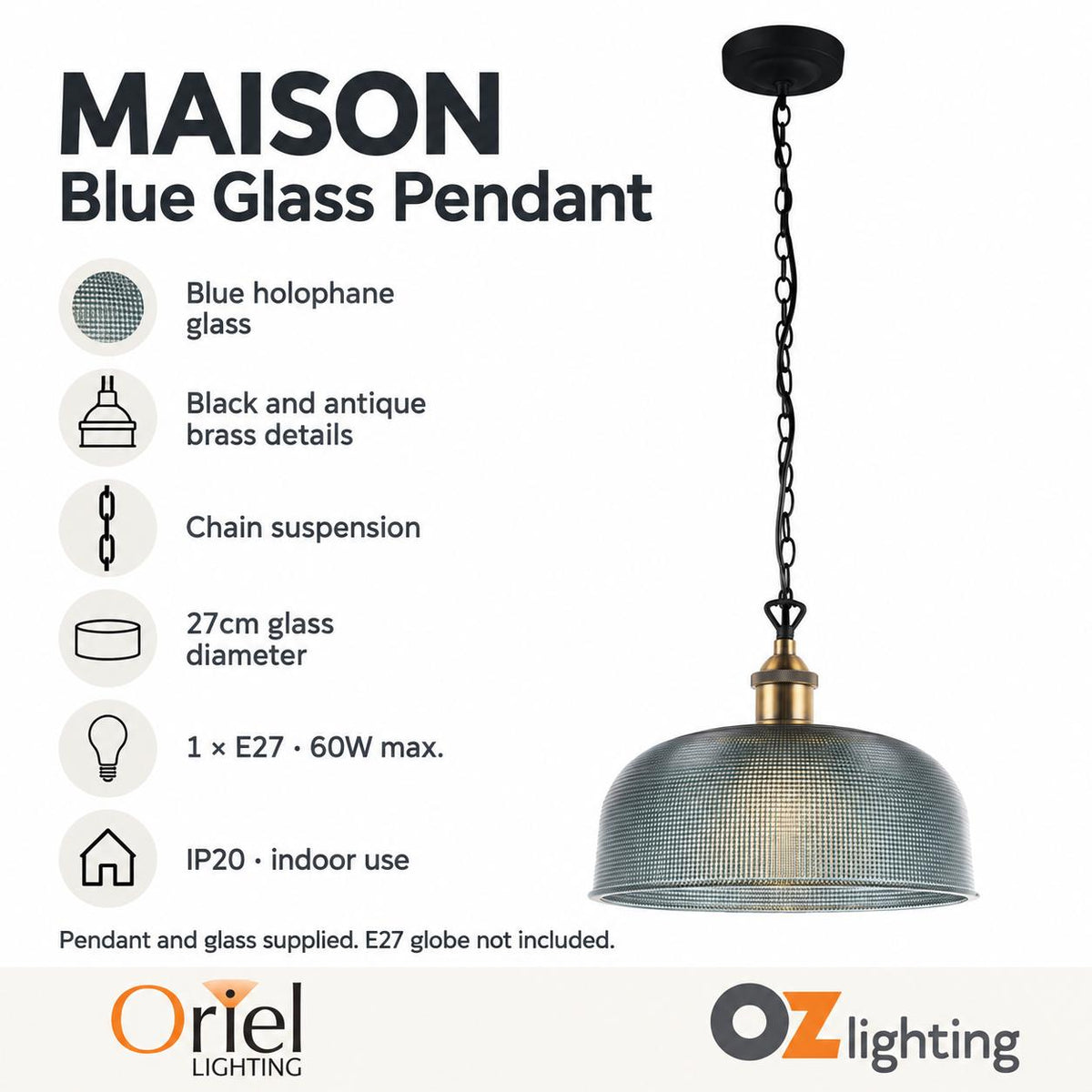 Oriel MAISON Pendant - 1 Light Retro Glass, Blue-Oriel Lighting-Ozlighting.com.au