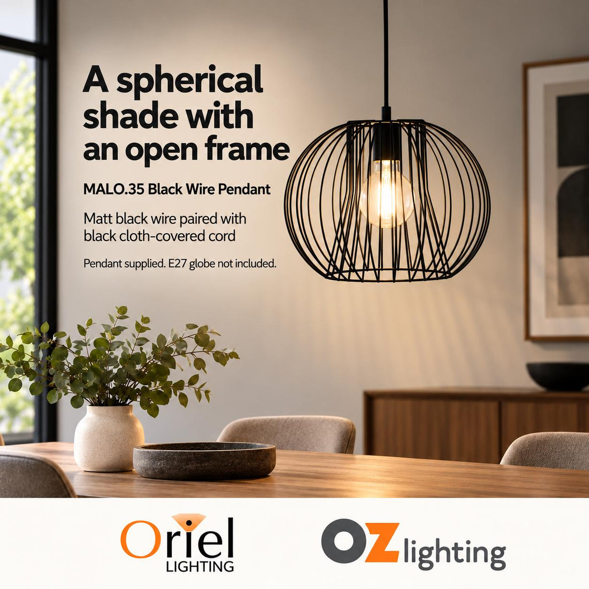 Oriel MALO Pendant - 1 Light Wire-Oriel Lighting-Ozlighting.com.au