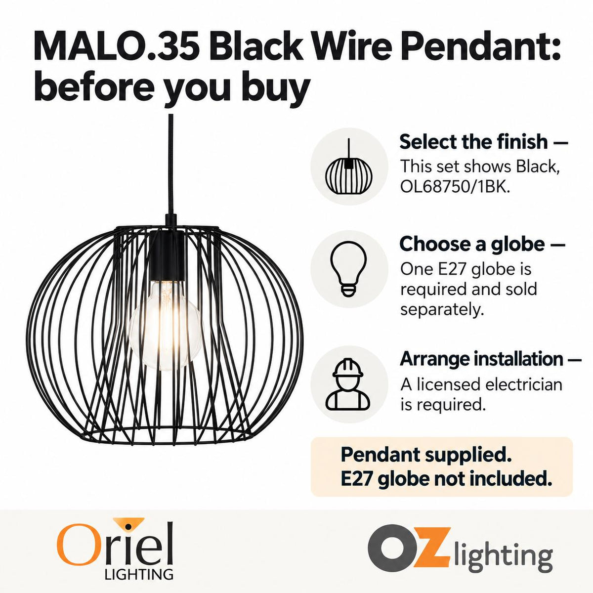 Oriel MALO Pendant - 1 Light Wire-Oriel Lighting-Ozlighting.com.au