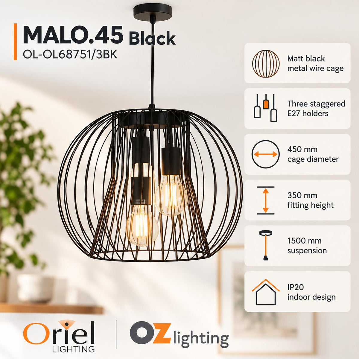Oriel MALO Pendant - 3 Light Wire-Oriel Lighting-Ozlighting.com.au