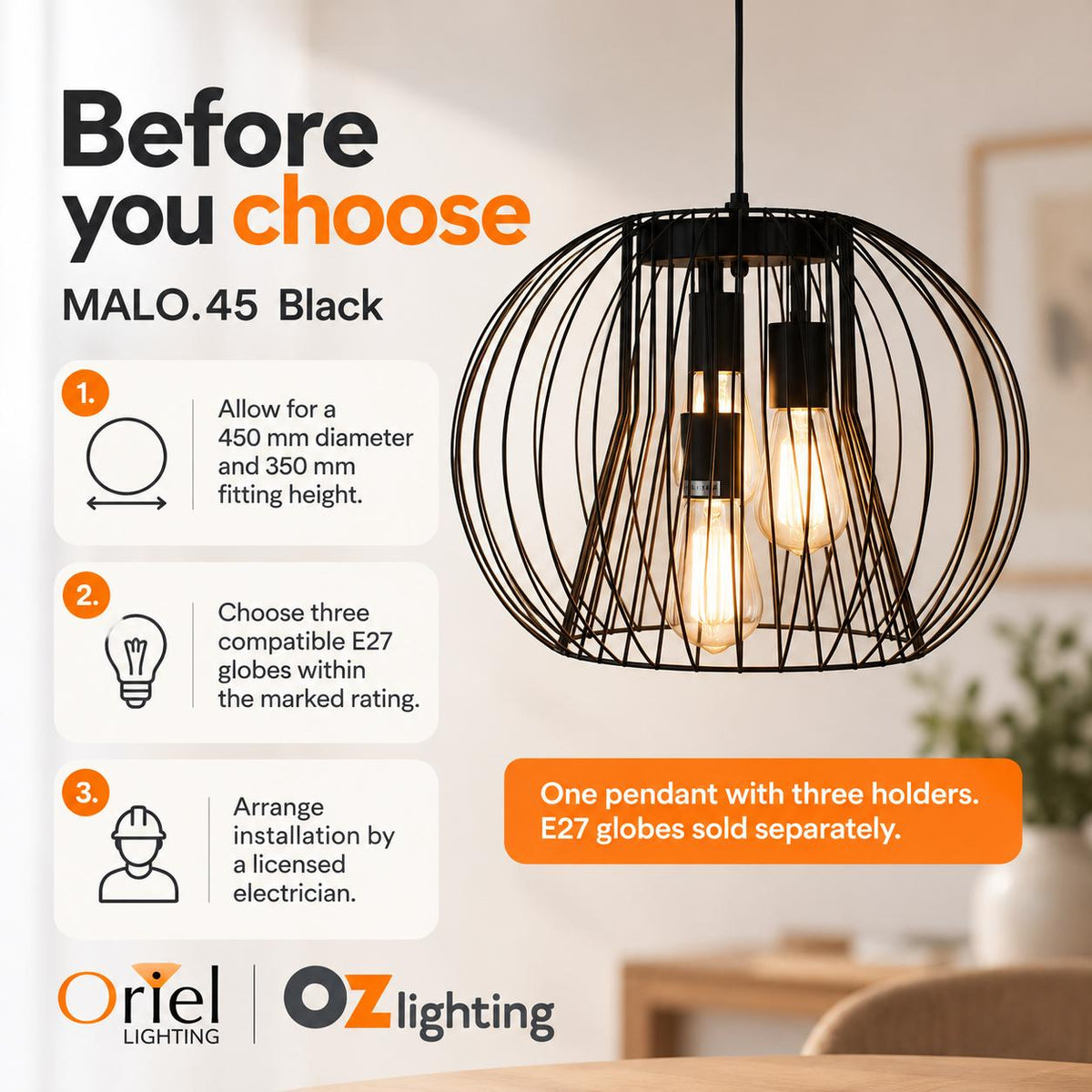 Oriel MALO Pendant - 3 Light Wire-Oriel Lighting-Ozlighting.com.au
