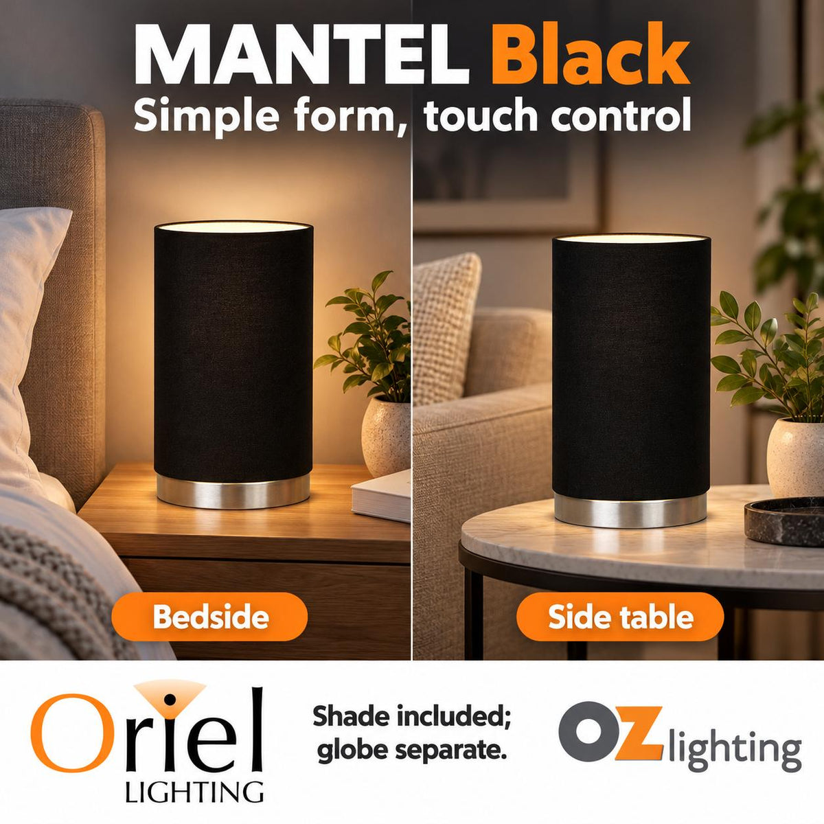 Oriel MANTEL Touch Lamp Base - Black-Oriel Lighting-Ozlighting.com.au