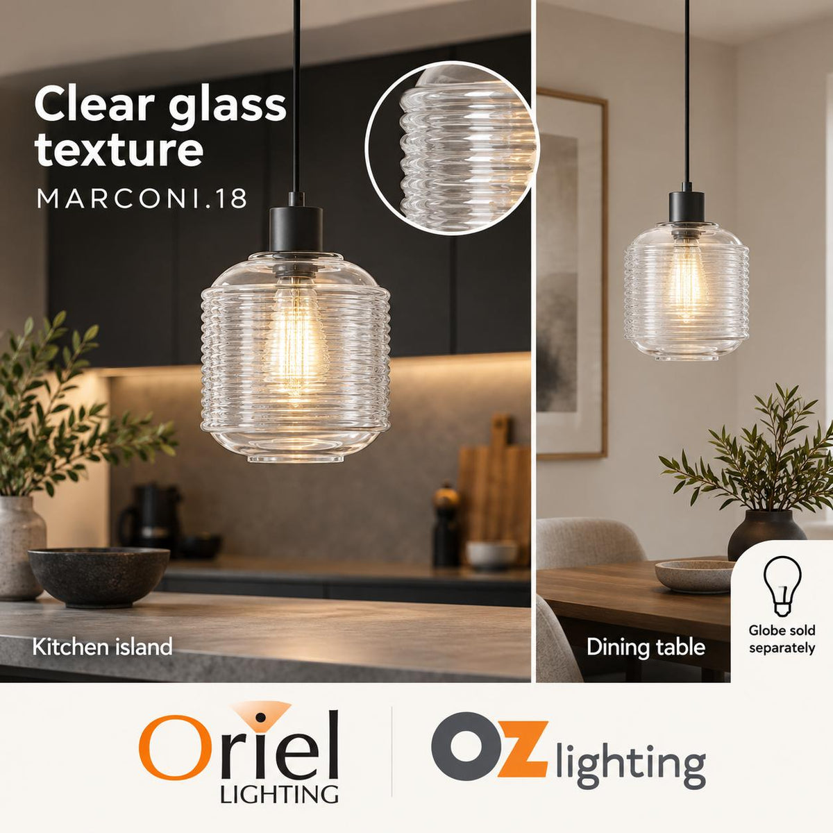 Oriel MARCONI Pendant - 1 Light Clear Glass-Oriel Lighting-Ozlighting.com.au