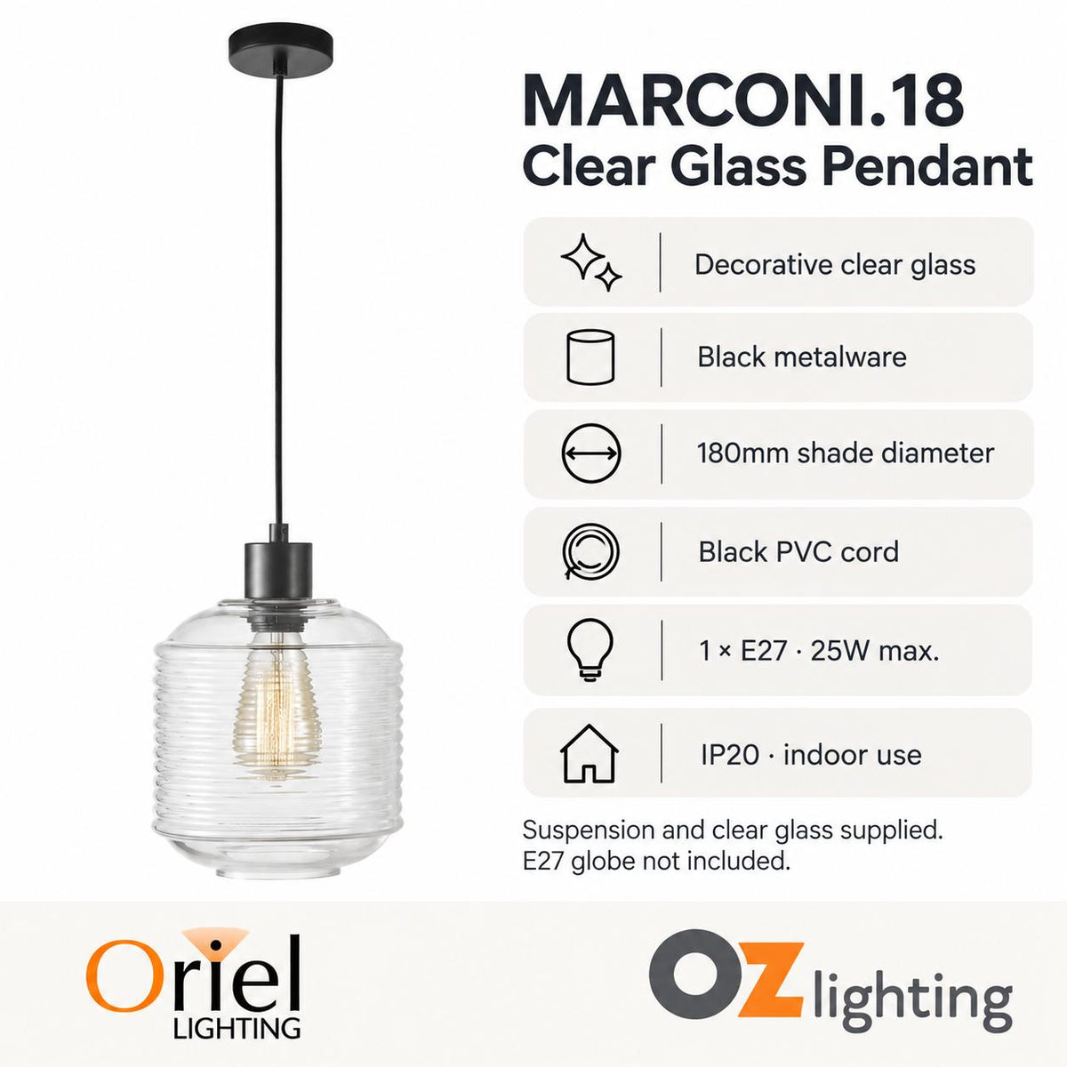 Oriel MARCONI Pendant - 1 Light Clear Glass-Oriel Lighting-Ozlighting.com.au