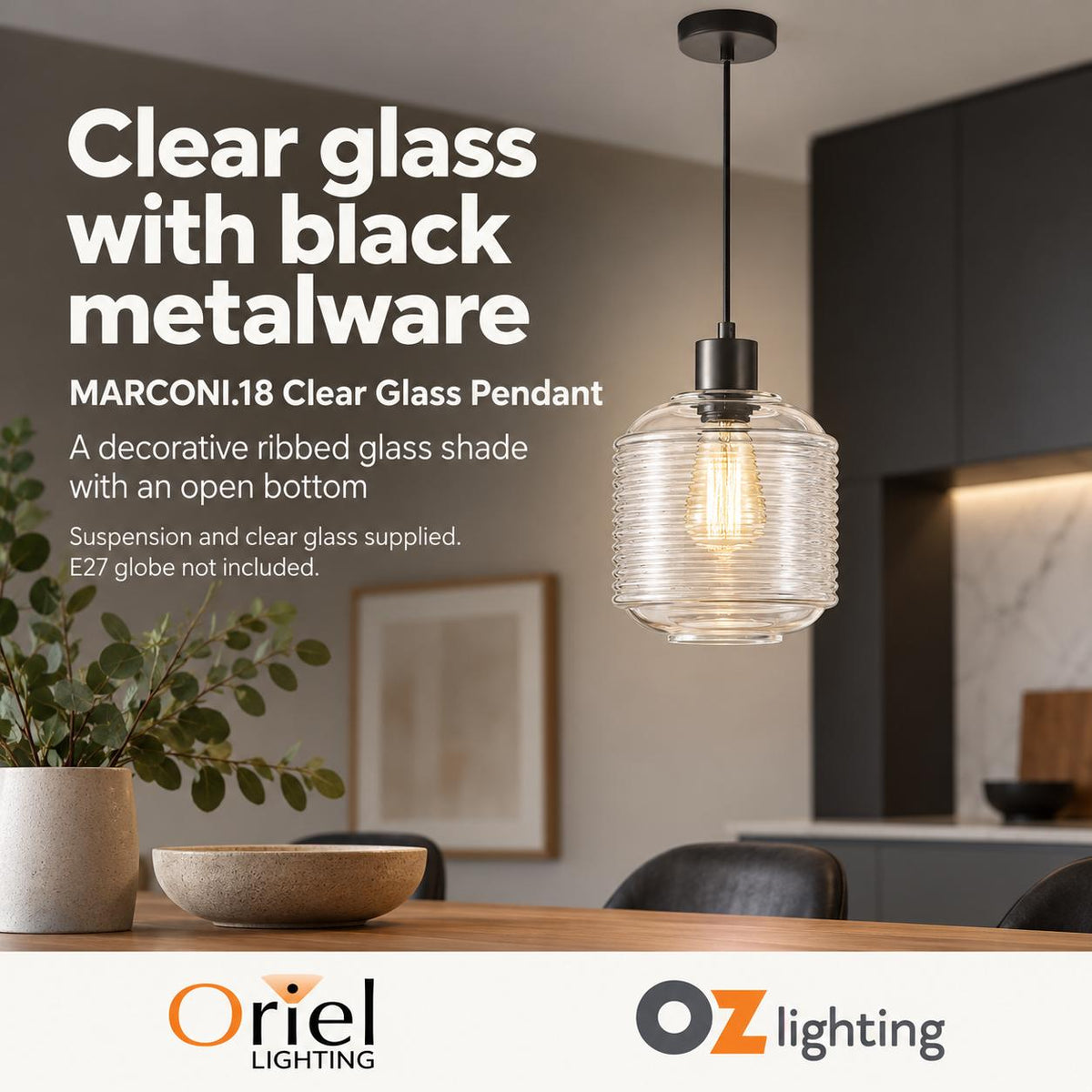 Oriel MARCONI Pendant - 1 Light Clear Glass-Oriel Lighting-Ozlighting.com.au
