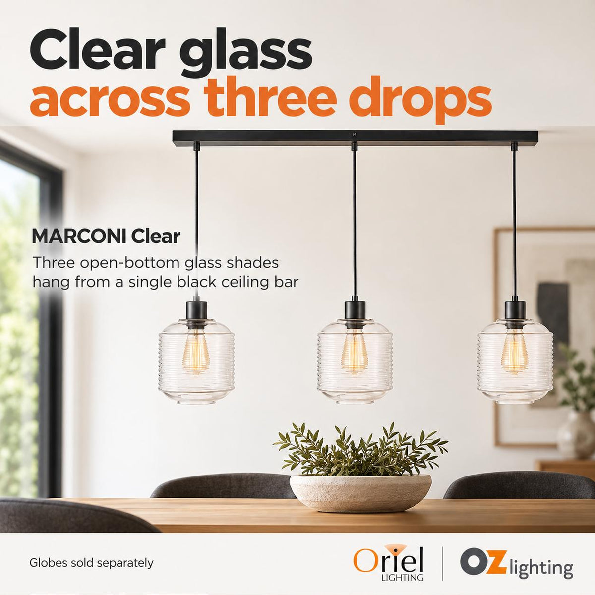 Oriel MARCONI Pendant - 3 Light Clear Glass-Oriel Lighting-Ozlighting.com.au