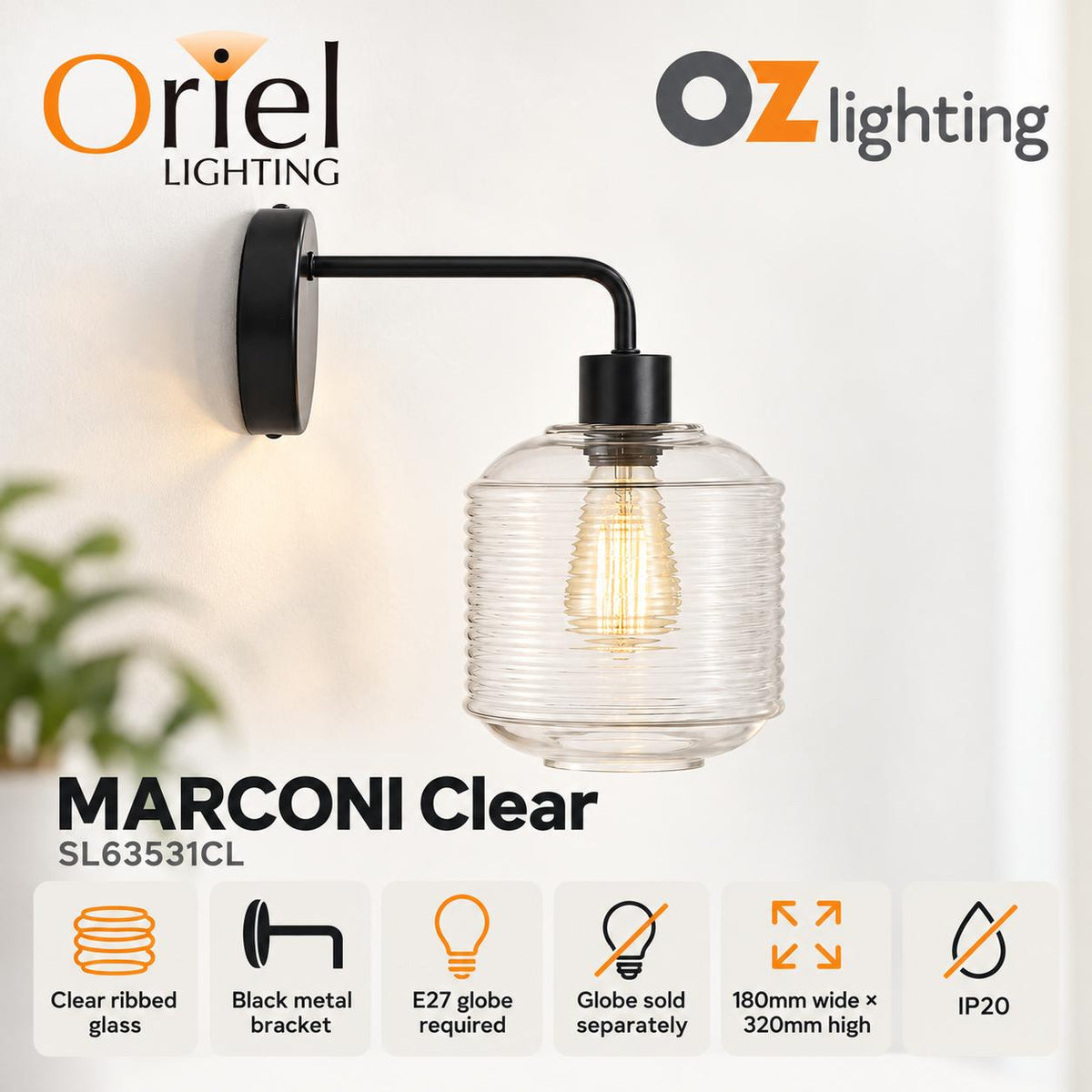 Oriel MARCONI Wall Light - Glass Sconce-Oriel Lighting-Ozlighting.com.au