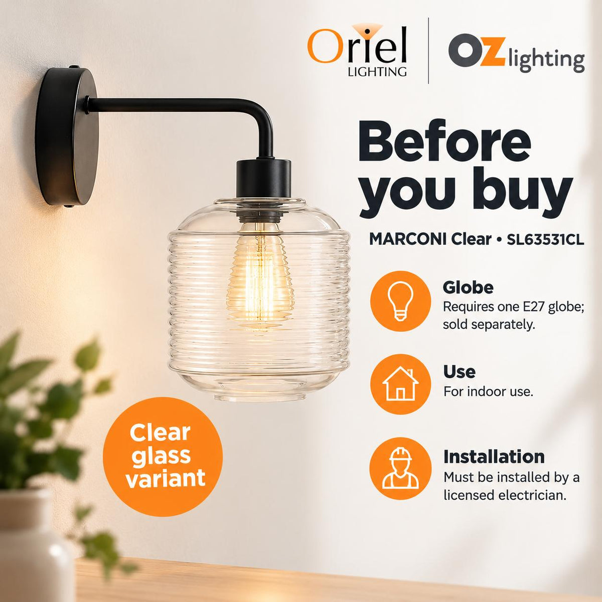 Oriel MARCONI Wall Light - Glass Sconce-Oriel Lighting-Ozlighting.com.au