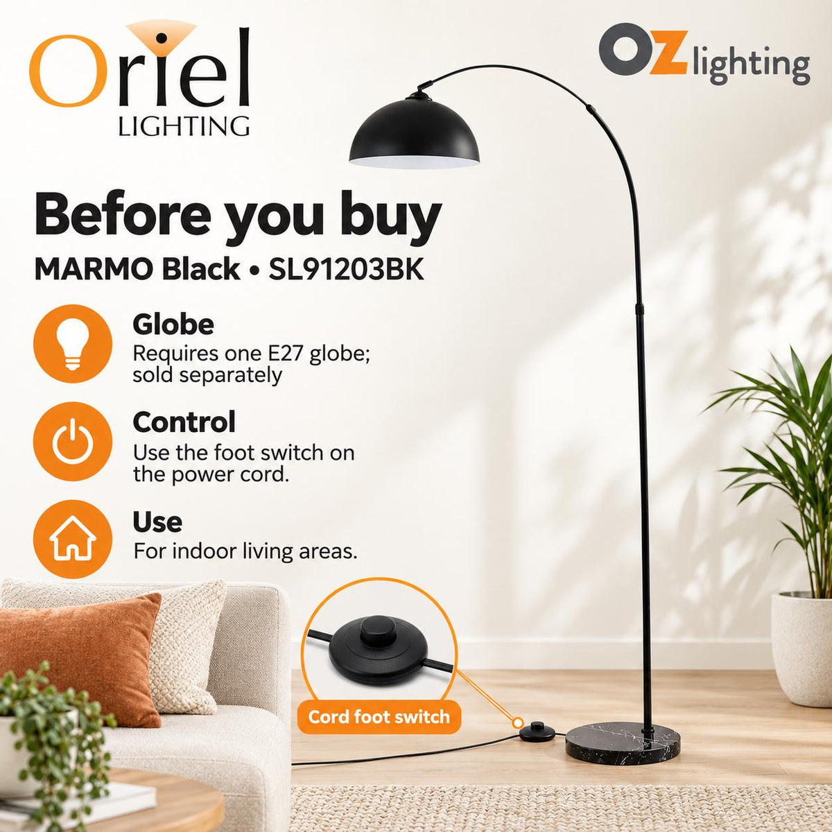 Oriel MARMO Floor Lamp - Marble Base Foot Switch-Oriel Lighting-Ozlighting.com.au