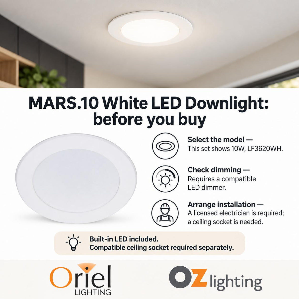 Oriel MARS LED Downlight - 10W/15W, Tri-Colour Dimmable Flat Face PC, IP44-Oriel Lighting-Ozlighting.com.au