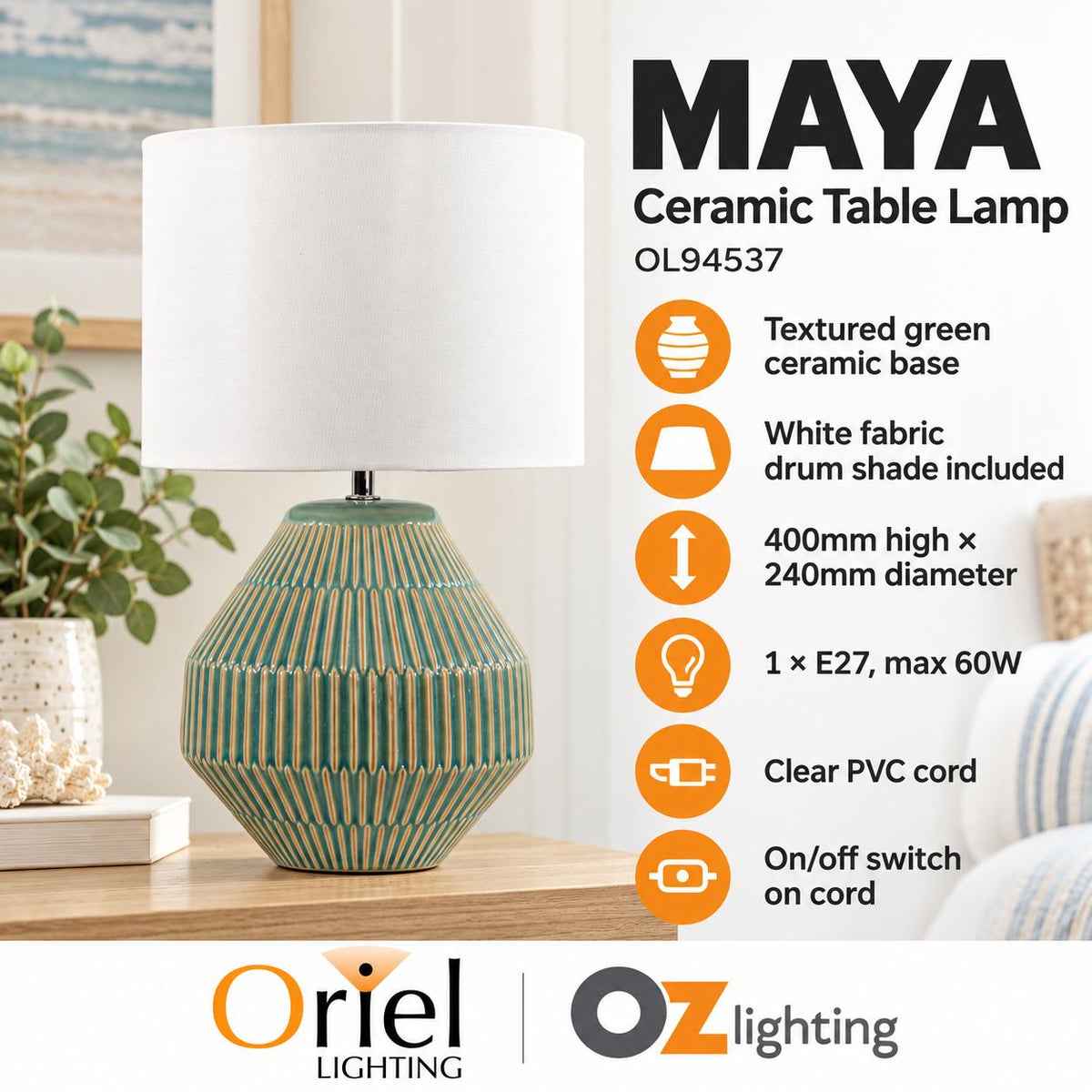 Oriel MAYA Table Lamp - Textured Ceramic-Oriel Lighting-Ozlighting.com.au
