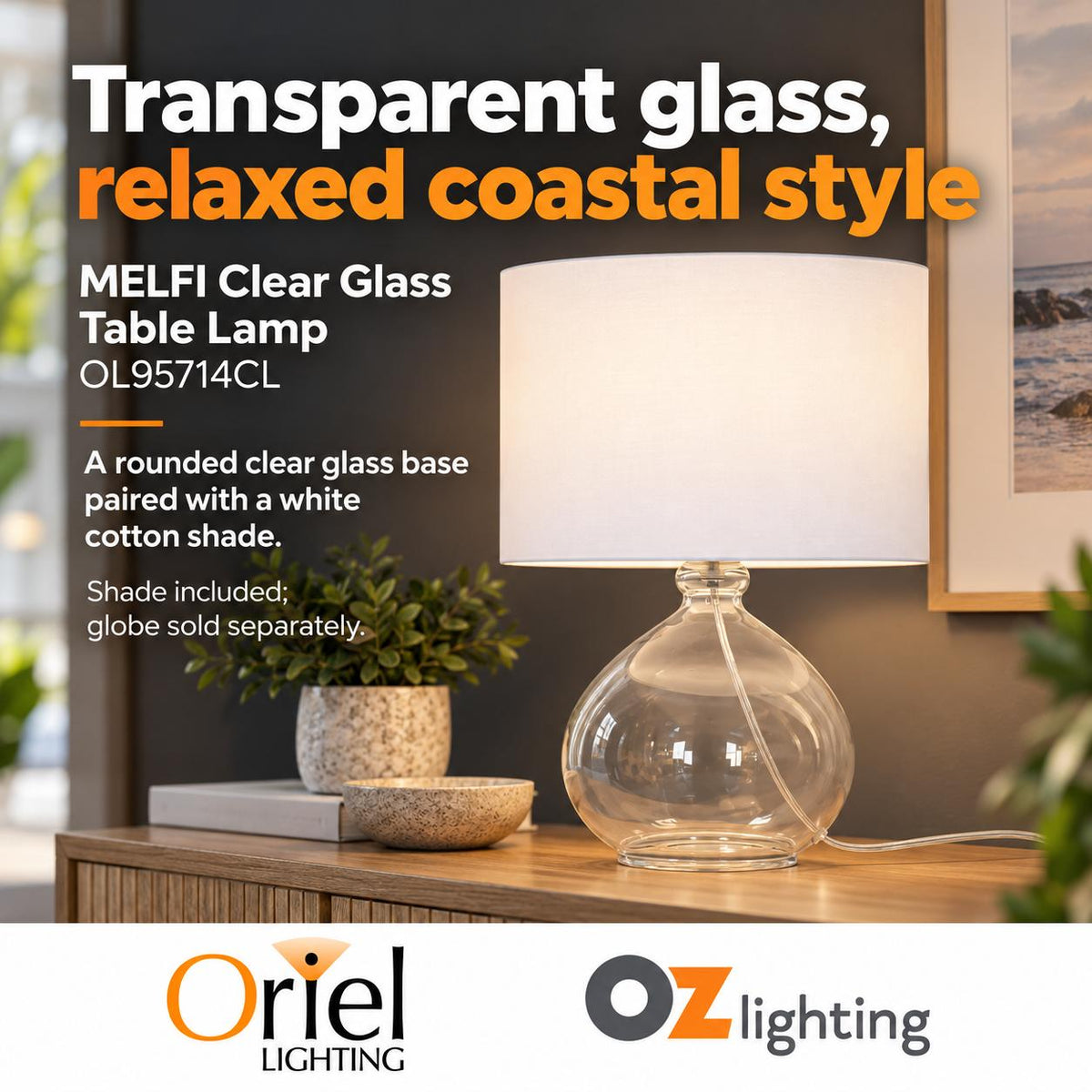 Oriel MELFI Table Lamp - Clear Glass-Oriel Lighting-Ozlighting.com.au