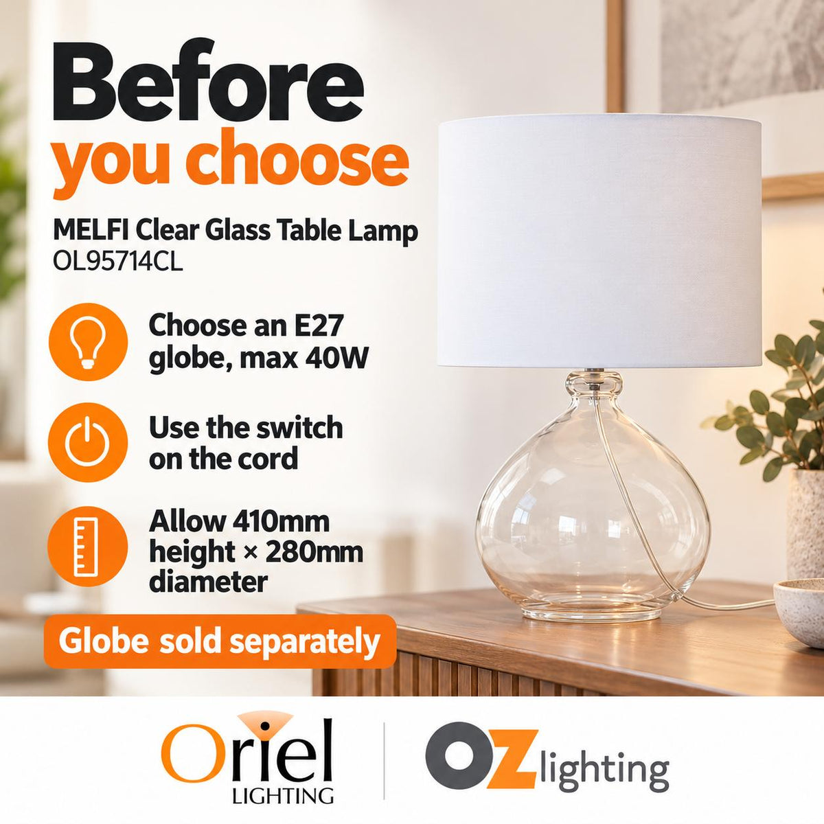 Oriel MELFI Table Lamp - Clear Glass-Oriel Lighting-Ozlighting.com.au
