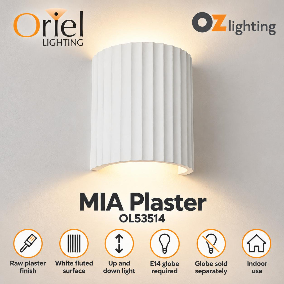 Oriel MIA Wall Light - 42W, Plaster-Oriel Lighting-Ozlighting.com.au