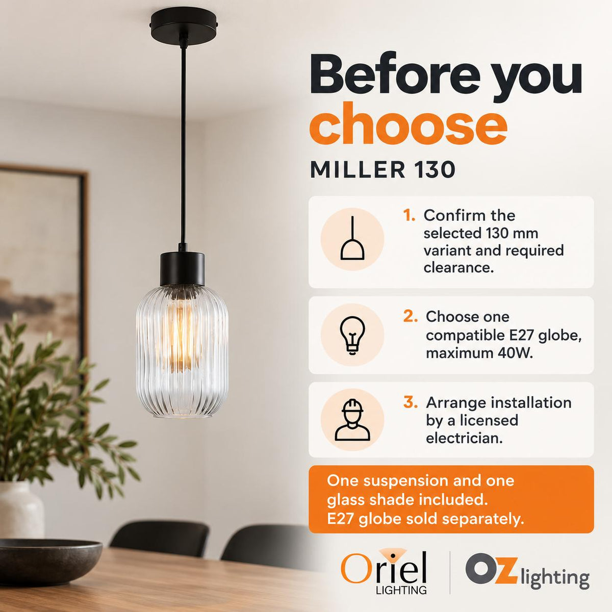 Oriel MILLER Pendant - 1 Light Single Glass-Oriel Lighting-Ozlighting.com.au