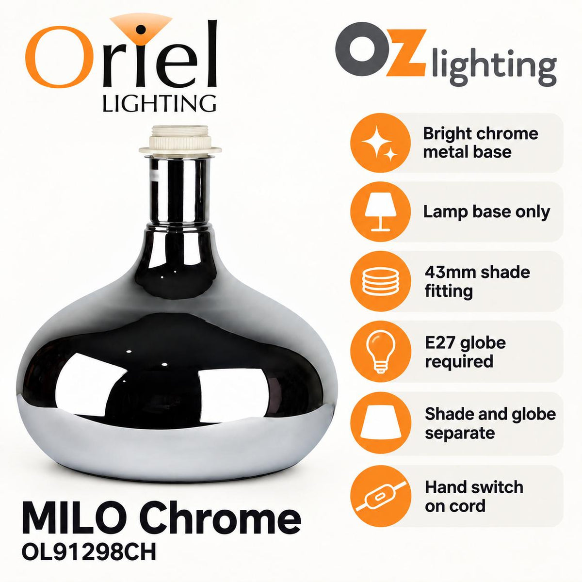 Oriel MILO Table Lamp Base Only - Glazed Chrome-Oriel Lighting-Ozlighting.com.au