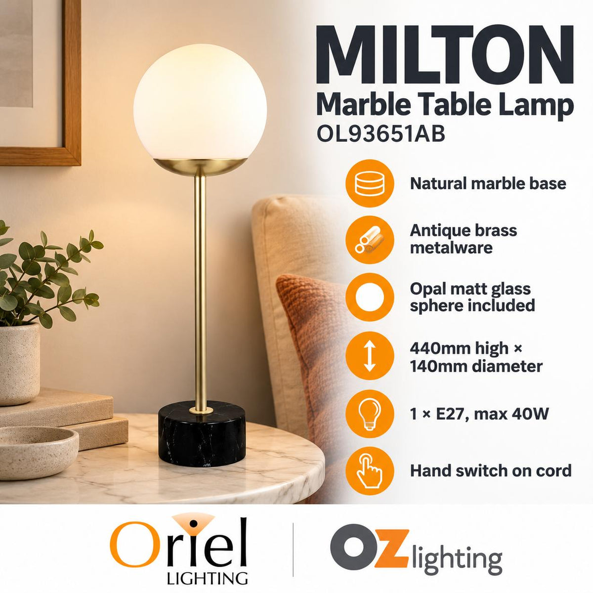 Oriel MILTON Table Lamp - Classic Marble Art Deco-Oriel Lighting-Ozlighting.com.au