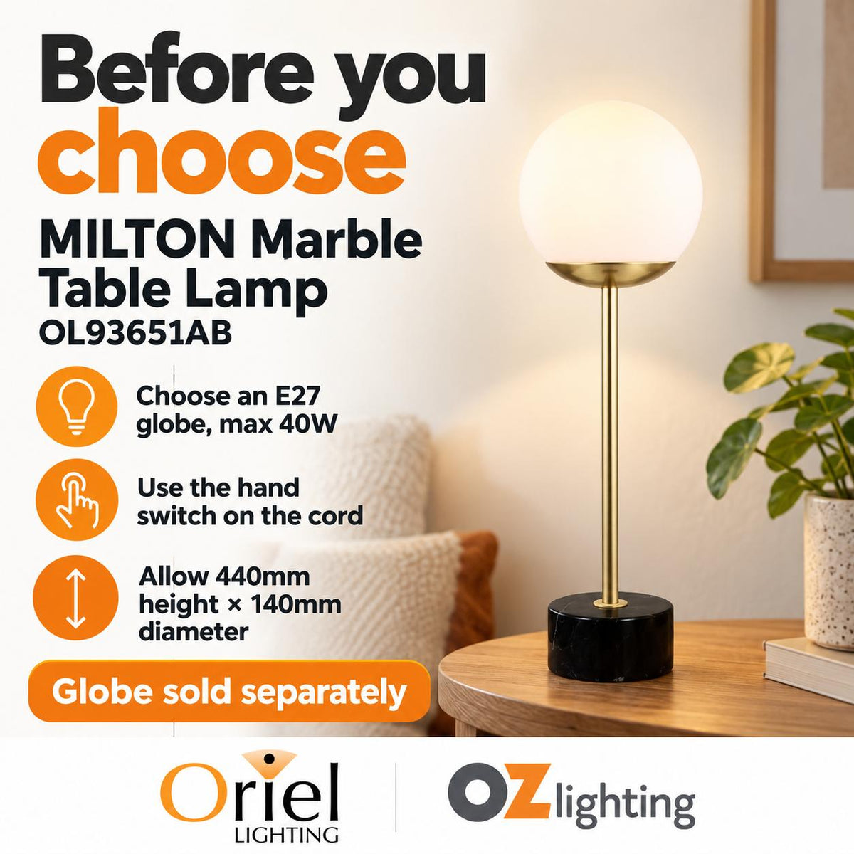 Oriel MILTON Table Lamp - Classic Marble Art Deco-Oriel Lighting-Ozlighting.com.au