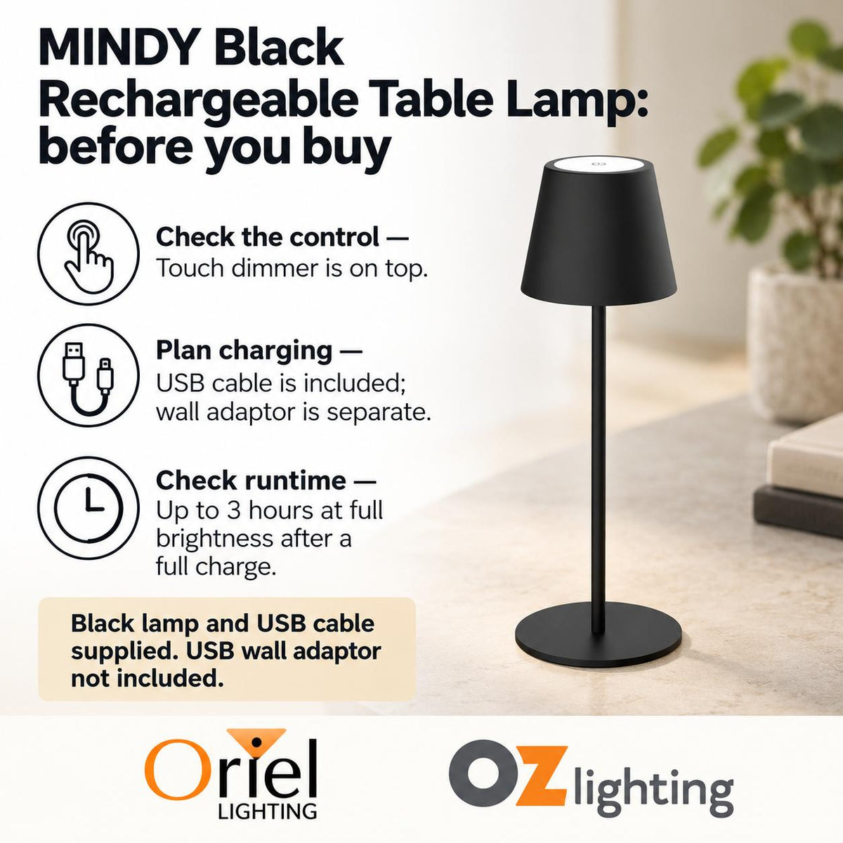 Oriel MINDY Table Lamp - 3W, Rechargeable-Oriel Lighting-Ozlighting.com.au