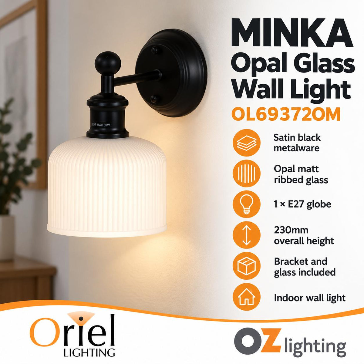 Oriel MINKA Wall Light - Max. 60W-Oriel Lighting-Ozlighting.com.au