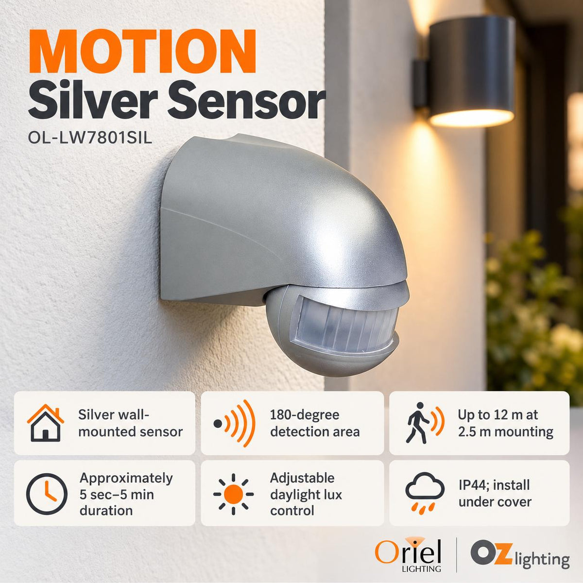 Oriel MOTION Motion Sensor - 180 Degree Wall Mounted, IP44-Oriel Lighting-Ozlighting.com.au