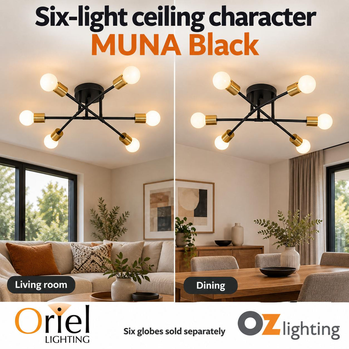 Oriel MUNA Ceiling Light - 6-Light Satin Brass-Oriel Lighting-Ozlighting.com.au