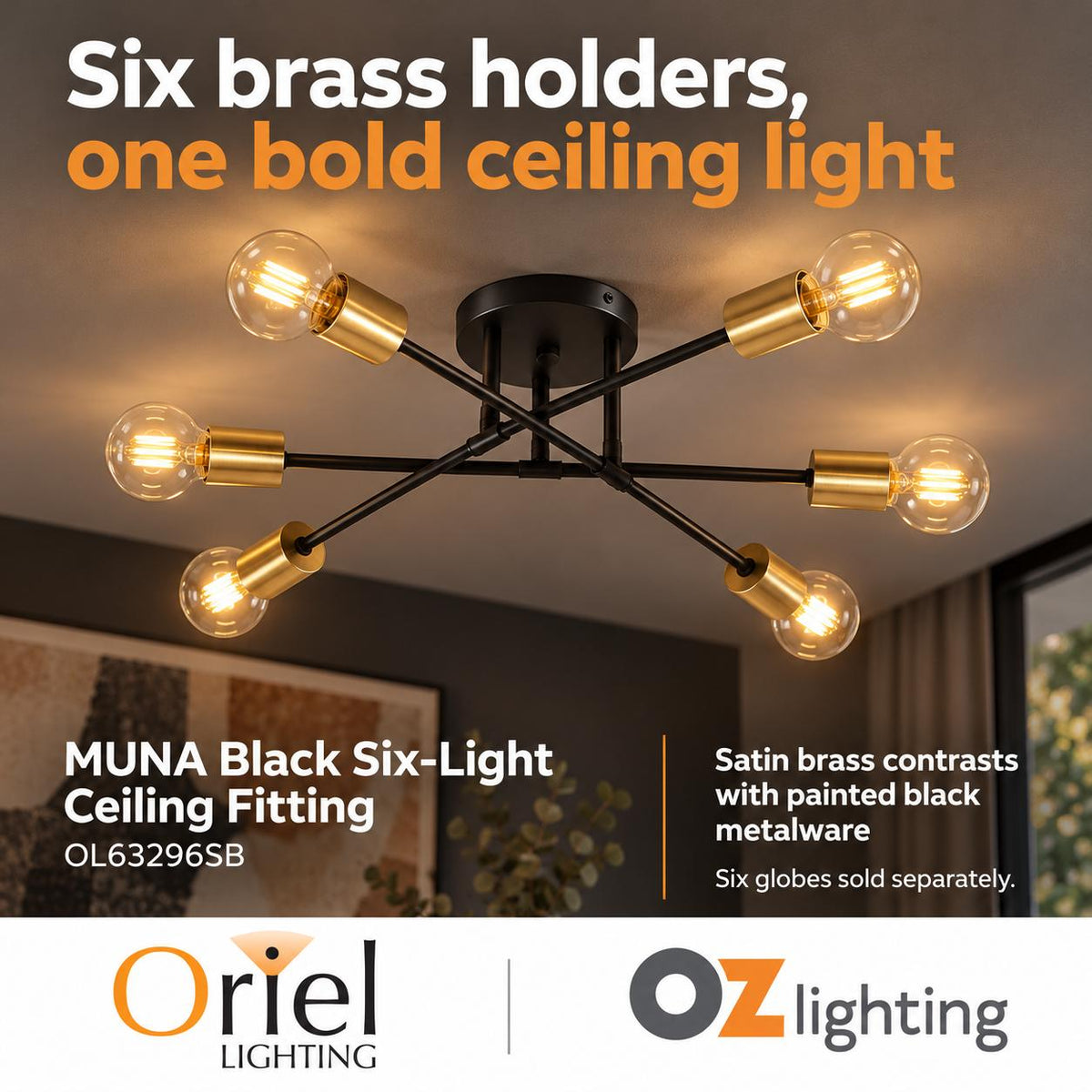 Oriel MUNA Ceiling Light - 6-Light Satin Brass-Oriel Lighting-Ozlighting.com.au