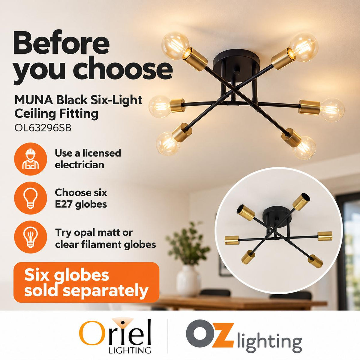 Oriel MUNA Ceiling Light - 6-Light Satin Brass-Oriel Lighting-Ozlighting.com.au